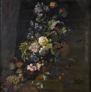 Roses, Lilies, Irises And Other Flowers In An Urn On A Table Ledge