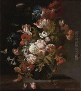 Tulips, Poppies, An Iris, Cow Parsley, Convolvuli And Other Flowersin A Glass, With Hovering Butterflies by Simon Pietersz. Verelst
