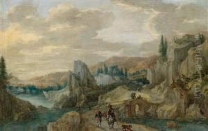 A Mountain Landscape With Two Huntsmen On Abridge And A Resting Chamois Hunter