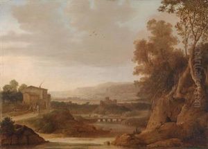 Southern River Landscape With Bridge And Shepherd Group by Dirck Verhaert