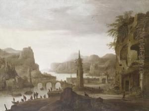 Travellers Beneath A Ruined Building Andfishermen On A Shore Before An Extensive Coastal Landscape, Avillage And A Harbour In The Distance by Dirck Verhaert