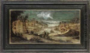 A River Landscape With Figures On A Track, A Town Beyond