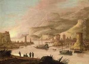 A Mountainous River Landscape With Figures On A Bank, A Townbeyond A Mountainous River Landscape With Figures On A Bank, A Townbeyond