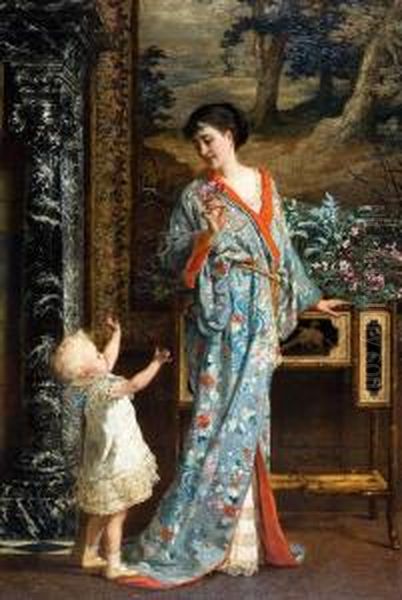 Vrouw In Chinese Kimono En Kind - view 1