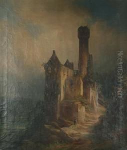 A Traveller Outside A Ruined Castle, With A River Scene In The Background. by Theodor Verhas