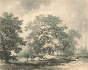 Bewaldete Flusslandschaft Mit Hirten. by Theodor Verhas