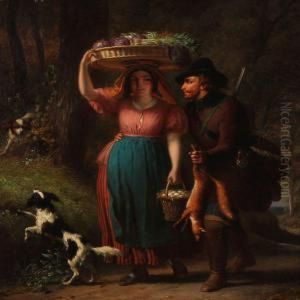 A Hunter Is Flirting With A Girl On Her Way To The Market With Vegetables And Eggs by Francois Verheyden