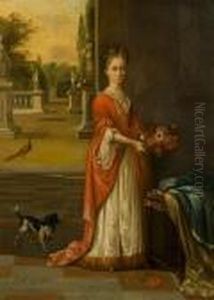 Portrait Of A Young Girl, Full-length, In Awhite Dress And Red Gown by Mattheus Verheyden