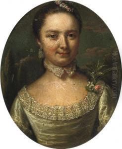 Portrait Of A Lady, Half-length, In A Green Dress With Floral Decoration, Standing In A Park Landscape