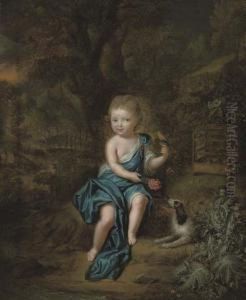 Portrait Of A Young Boy, Small Full-length, In A Blue Mantle Fastened At His Shoulder With A Jewel, A Canary Perched On His Left Hand, A Spaniel At His Side, In A Landscape