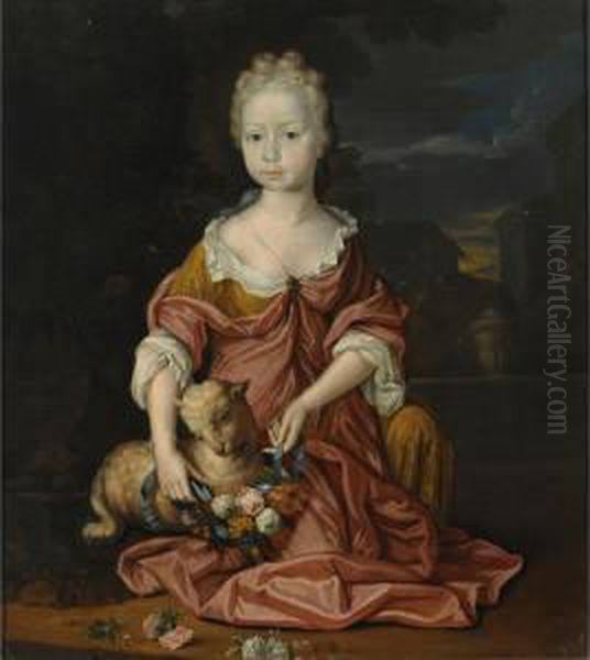 A Portrait Of A Young Girl, Seated Full-length, Wearing A Yellow And Red Satin Dress, Dressing Up A Sheep With A Flower Garland, In A Formal Garden - view 1