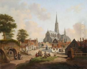 Dutch City View With Card Players