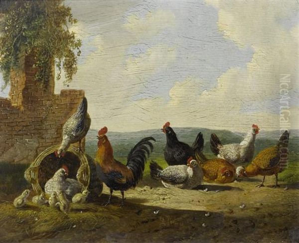 Hens In A Field Before A Ruin - view 1