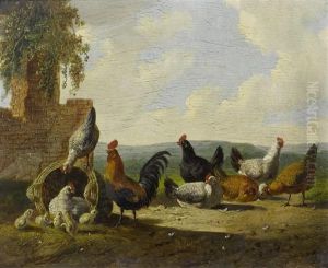 Hens In A Field Before A Ruin by Albertus Verhoesen