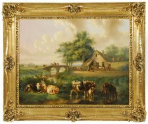 Dutch Farmyard With Cattle by Albertus Verhoesen