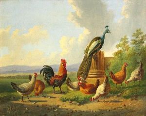 A Peacock And A Flock Of Chickens In Alandscape