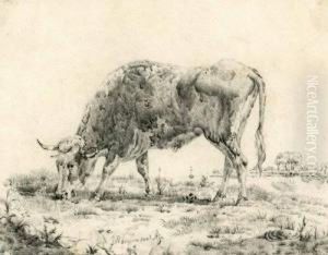 Grasende Kuh Am Ufer Eines Flusses by Johannes Marinus Azn Verhoesen