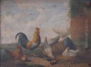 Acockerel And Hens In A Farmyard by Johannes Marinus Azn Verhoesen