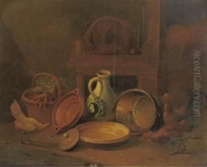 Barn Interior With Poultry By Baskets And Pots by Johannes Marinus Azn Verhoesen