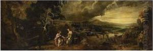 An Extensive Wooded River Landscape With Christ And The Woman Of Samaria