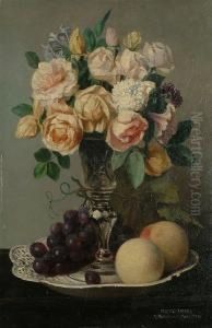 Still Life Of Flowers In A Glass Vase Standing On A Plate by Adrien Joseph Verhoeven-Bell