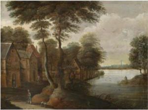 A River Landscape With Figures In The Foreground And A Fisherman On The Right Bank by Antoine Pierre Verhulst