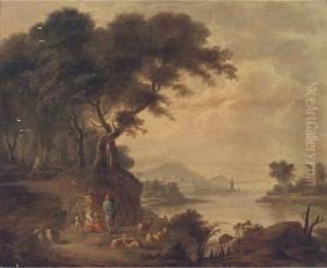 A Wooded River Landscape With Figures And Sheep, A Townbeyond by Antoine Pierre Verhulst