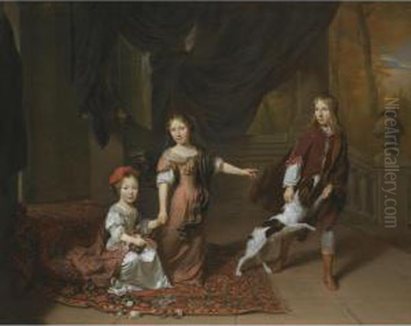 A Portrait Of Two Sisters And Their Brother Playing With A Dog - view 1