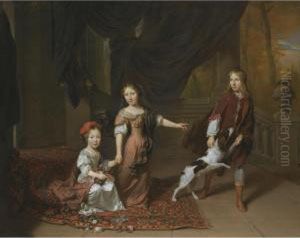 A Portrait Of Two Sisters And Their Brother Playing With A Dog by Jan Verkolje