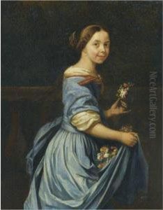 Portrait Of A Lady, Three Quarter Length, In A Blue Dress With Anarmful Of Flowers by Jan Verkolje