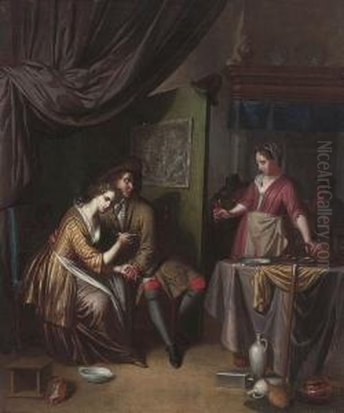 An Amorous Couple Being Offered A Glass Of Wine By A Woman In A Tavern Interior - view 1