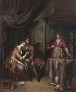 An Amorous Couple Being Offered A Glass Of Wine By A Woman In A Tavern Interior by Jan Verkolje