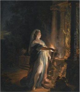 A Goddess Making An Offering At An Altar To Cupid At Night