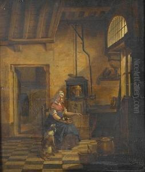 An Interior With A Young Woman Warming Herself Beside A Stove With A Dog On Her Lap And Another At Her Feet - view 1