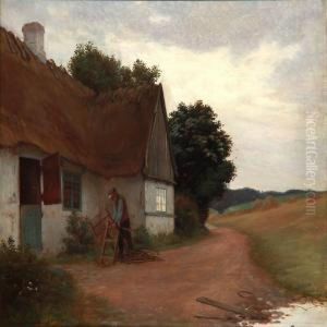 A Farmer Cutting Firewood In Front Of A Thatched Cottage by Gustav Vermehren