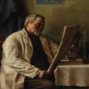Interior With A Mand Reading At A Table by Sophus Vermehren
