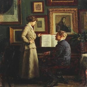 Interior With Woman And Man By A Piano by Sophus Vermehren