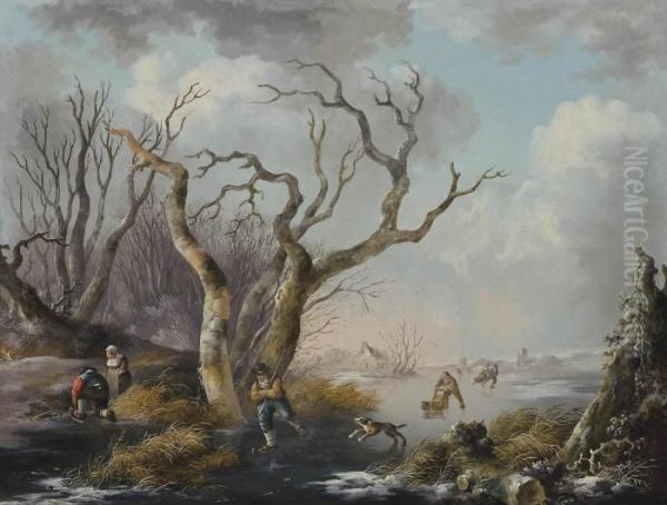A Winter Landscape With Figures Skating On A Frozen River - view 1