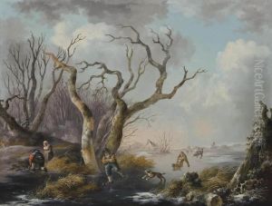 A Winter Landscape With Figures Skating On A Frozen River