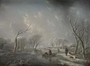 A Winter Landscape With Boys Skating On A Frozen River And A Man Walking His Dog