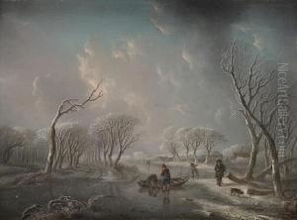 A Winter Landscape With Boys Skating On Afrozen River And A Man Walking His Dog - view 1