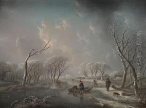 A Winter Landscape With Boys Skating On Afrozen River And A Man Walking His Dog
