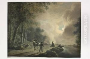 Figuren En Vee Langs Een Vaart Bij Maanlicht