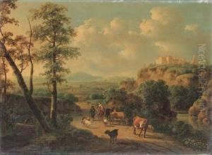 Peasants And Cattle In An Italianate Landscape by Cornelis Van Der Meulen