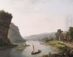 Fishing Boats On A River By A Village