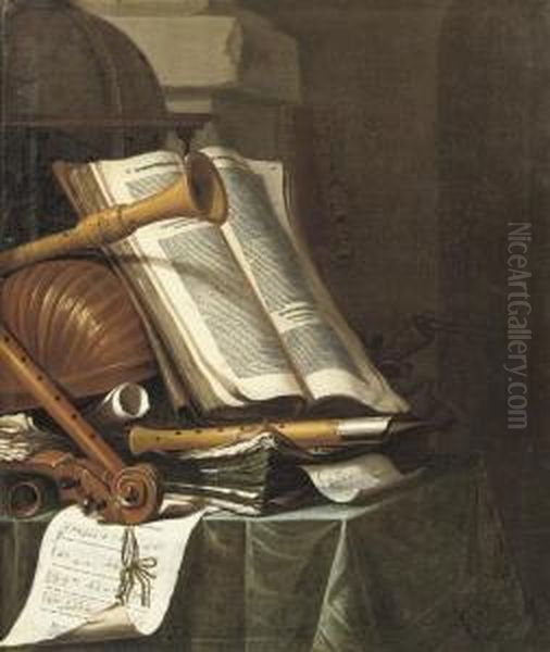 Books, A Globe And Musical Instruments On A Draped Table - view 1