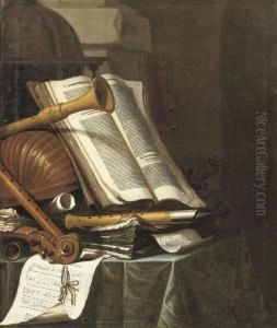 Books, A Globe And Musical Instruments On A Draped Table by Jan Vermeulen