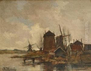 Dutch Windmills By A Lake by Marinus Cornelis Thomas Vermeulen