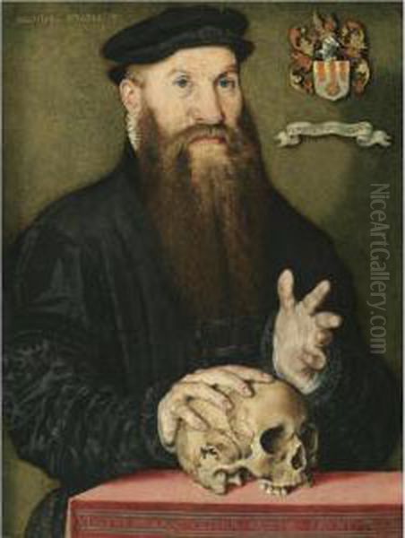 Portrait Of A Bearded Gentleman, Half-length, At The Age Of 33, Wearing A Black Cloak And Hat, His Right Hand Resting On A Skull - view 1