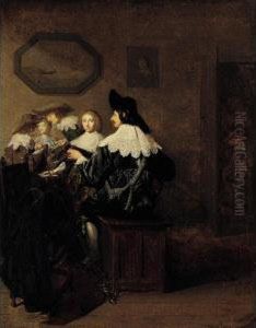 An Interior With Elegant Figures Playing Music by Jan Cornelisz Vermeyen